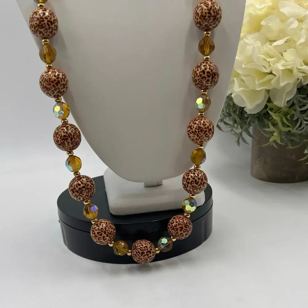 Joan Rivers Vintage Animal Print Leopard Crystal‎ Beaded Statement Necklace